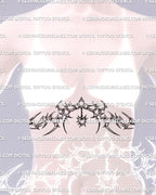ornamental sternum and underbust tattoo stencil for women with cyber tribal flow shown on natural chest placement