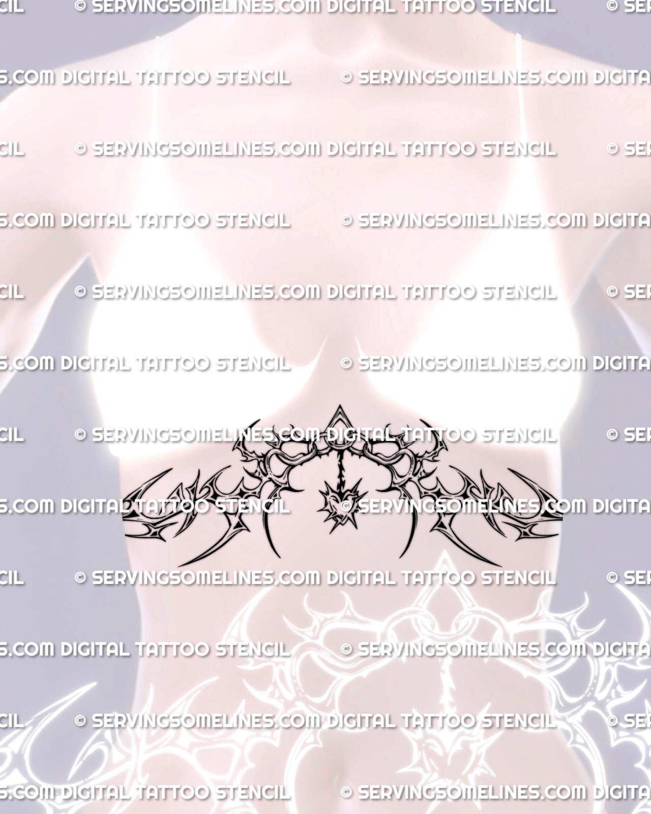 ornamental sternum and underbust tattoo stencil for women with cyber tribal flow shown on natural chest placement