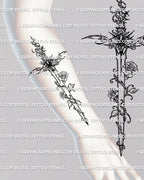 Ornamental sword tattoo shown on forearm placement with rose detail, jeweled handle, and clean linework flow