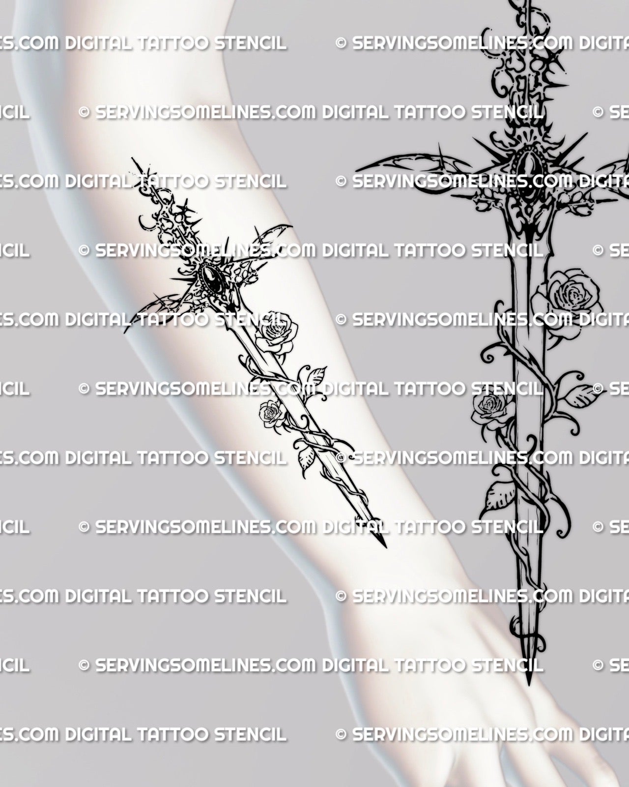 Ornamental sword tattoo shown on forearm placement with rose detail, jeweled handle, and clean linework flow