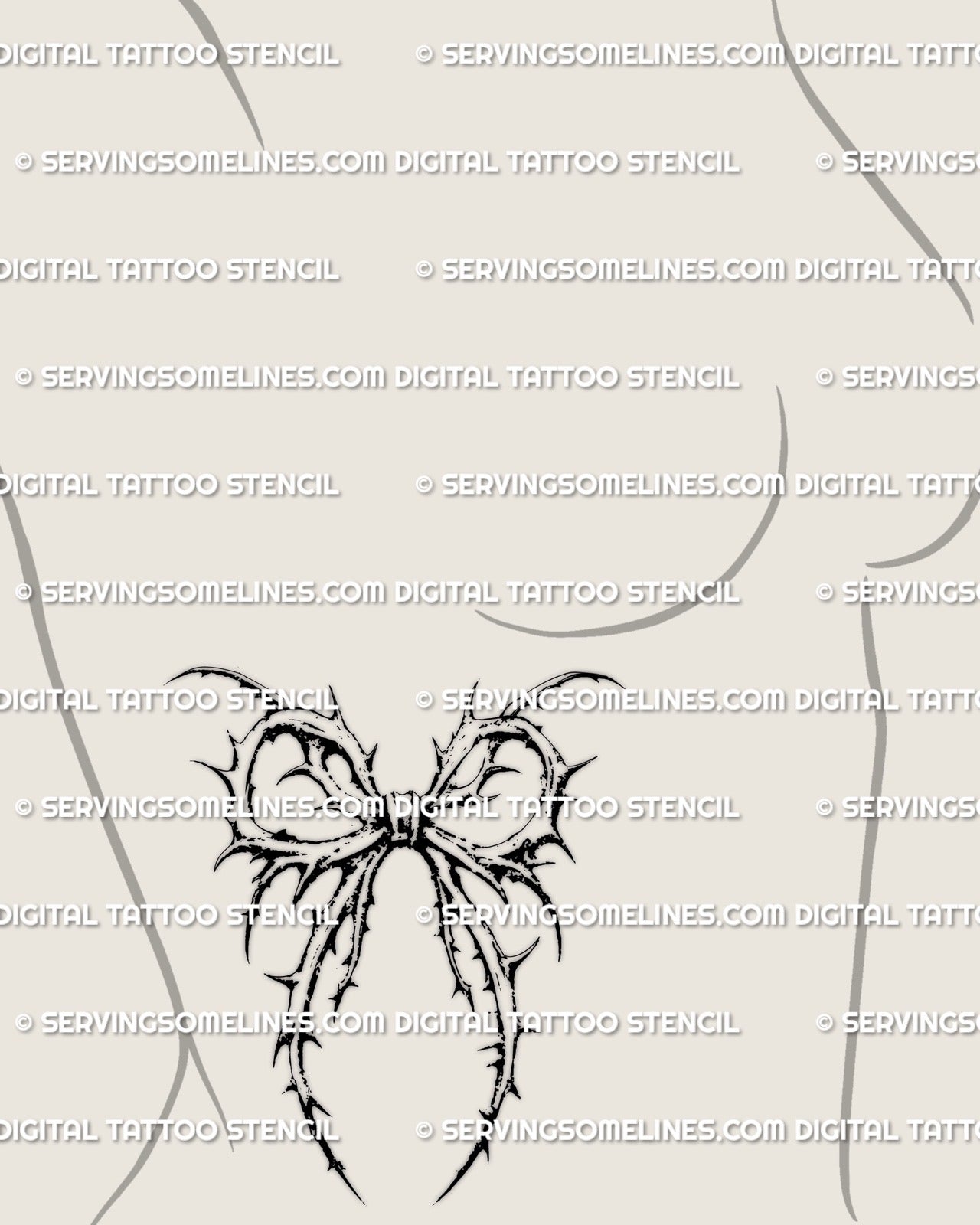 Ornamental thorn ribbon tattoo stencil placed along a woman’s rib area, feminine goth linework creating a flowing side body shape with light black shading