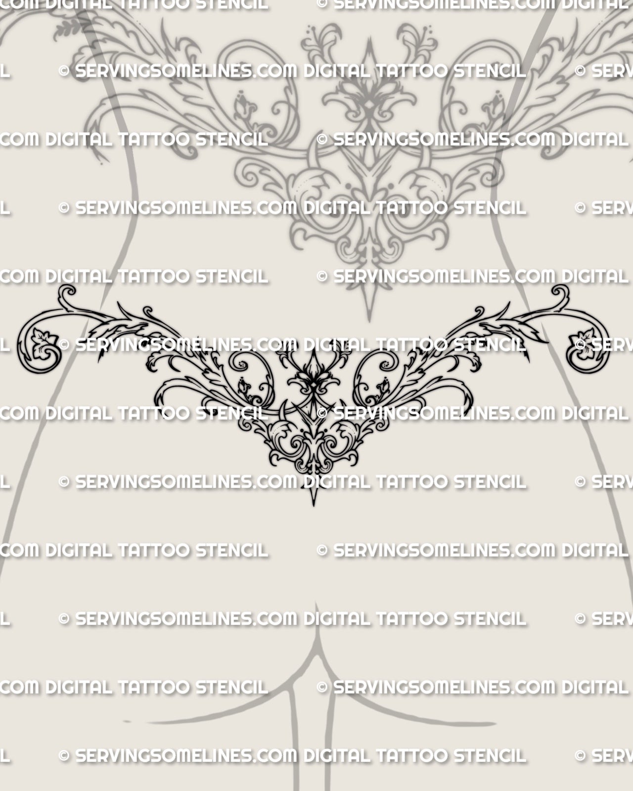 Ornamental tramp stamp tattoo design with centered decorative scrollwork and a classic symmetrical lower back layout