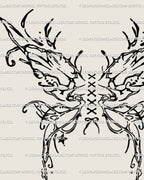 Ornamental wing corset stencil close detail, clean linework and centered lace-up structure for printable tattoo transfer.