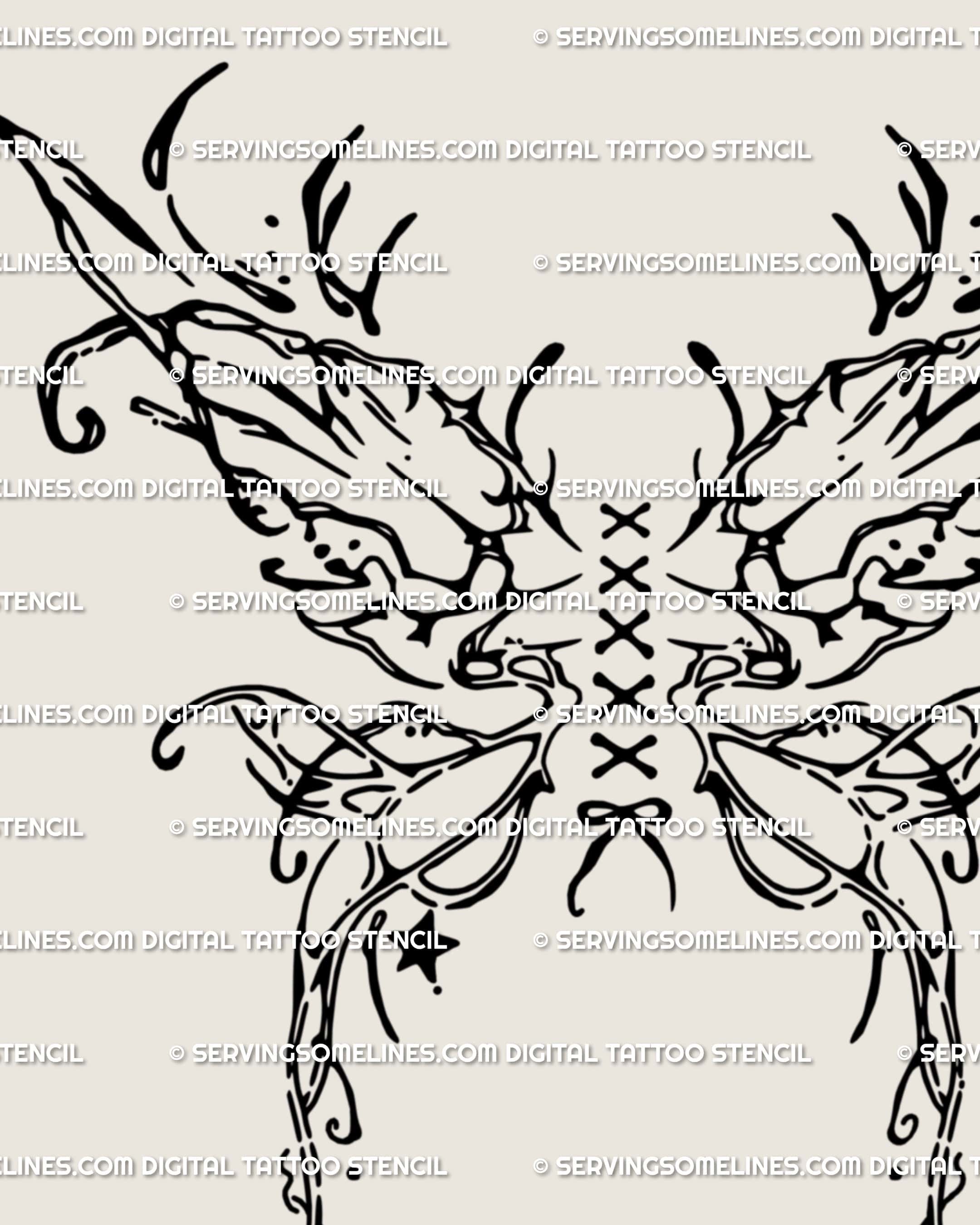 Ornamental wing corset stencil close detail, clean linework and centered lace-up structure for printable tattoo transfer.