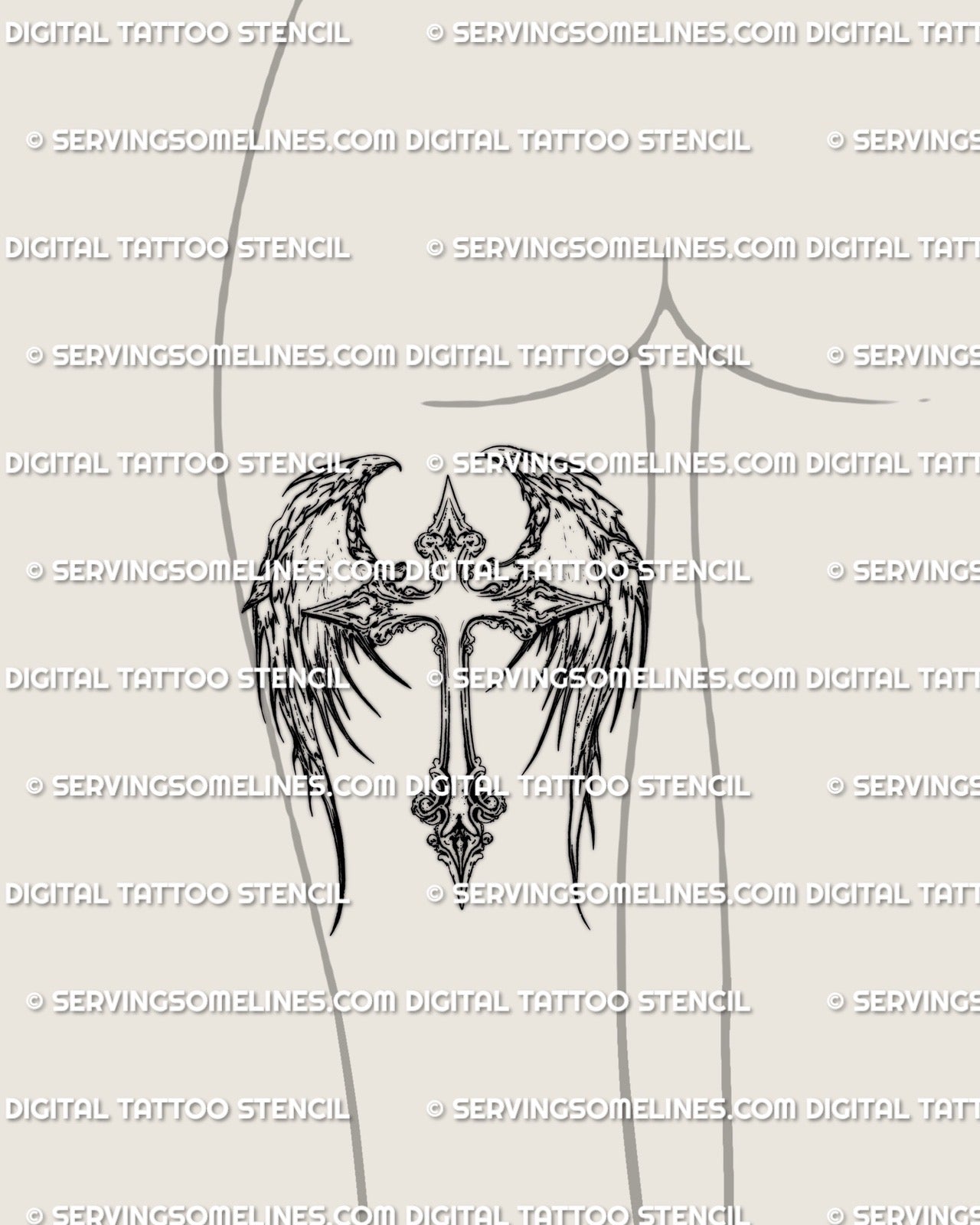 Ornamental winged cross tattoo stencil displayed on feminine back of thigh placement, elegant angel wings and cross in digital stencil format.
