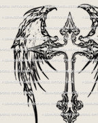 Close view of winged cross tattoo stencil showing fine line ornamental wings and decorative cross center