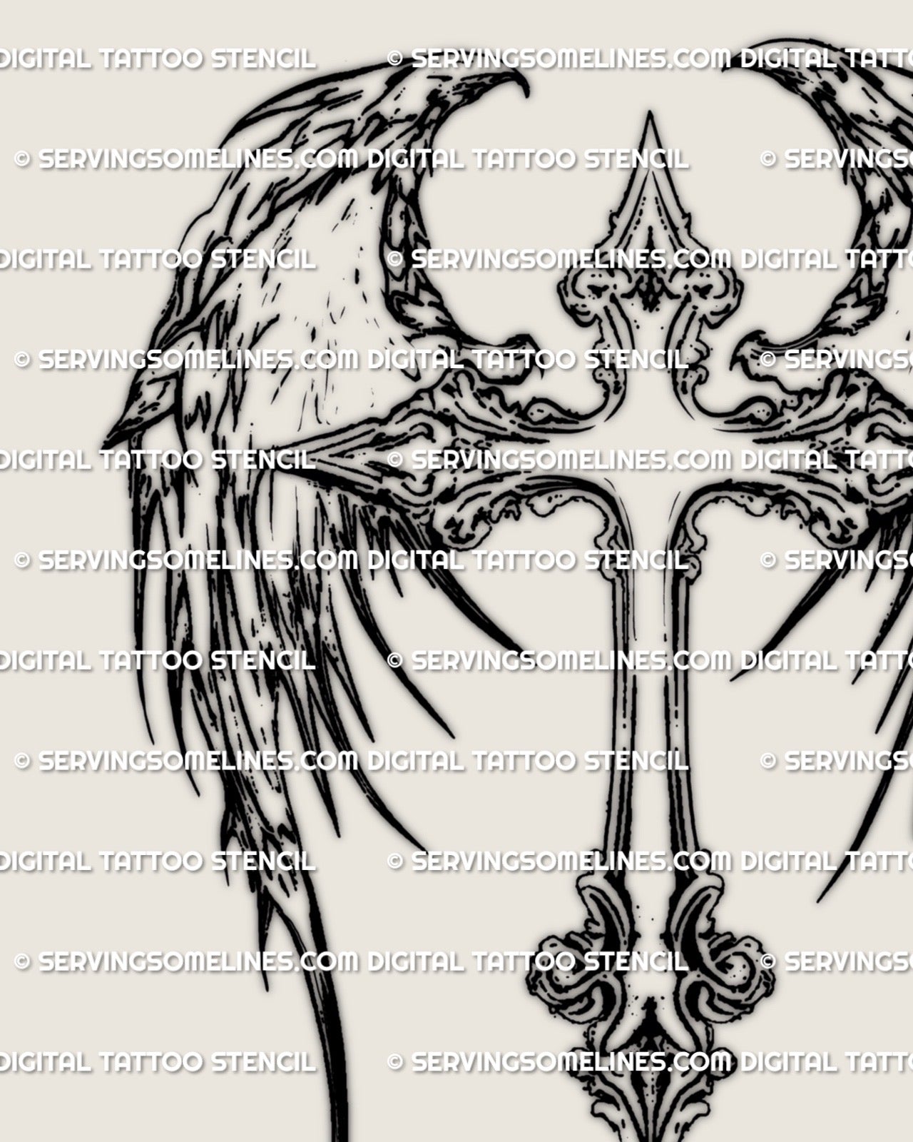 Close view of winged cross tattoo stencil showing fine line ornamental wings and decorative cross center