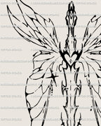 Close detail of ornamental winged sword tattoo showing outlined wing shapes, central blade, and light cyber-style linework