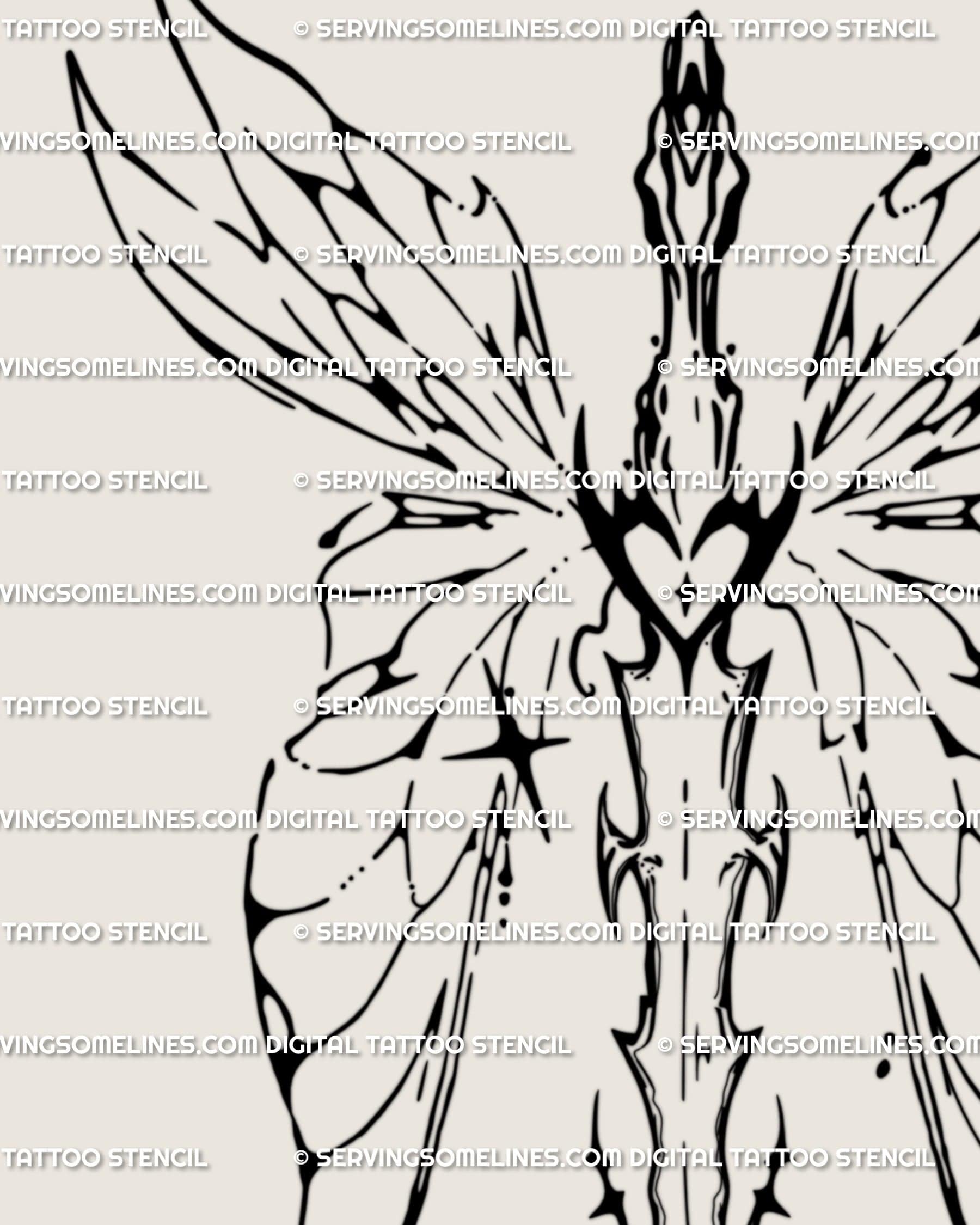 Close detail of ornamental winged sword tattoo showing outlined wing shapes, central blade, and light cyber-style linework