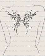 Ornamental wings upper back tattoo mockup showing a feminine centered back placement with outlined wing structure