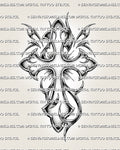 Ornamental Y2K cross design with metallic grey shading, pointed tribal edges, and a clear cross silhouette for tattoo use