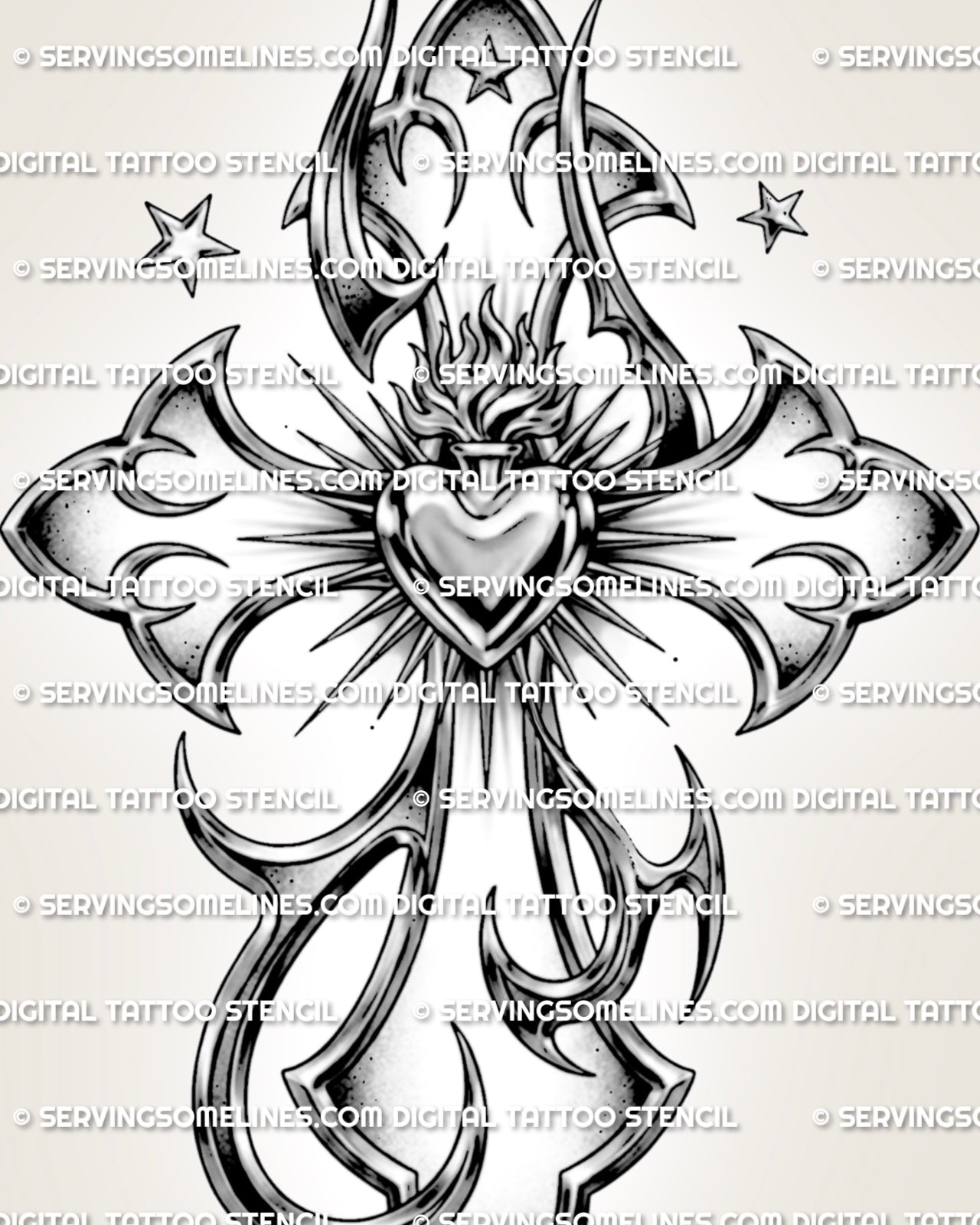 Ornamental Y2K heart cross tattoo design with metallic grey shading, pointed tribal curves, and bold flame-and-ray detail