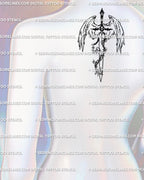 Ornamental angel sword linework centered on the upper back; symmetrical wings and blade, clean geometry for a standout back design.