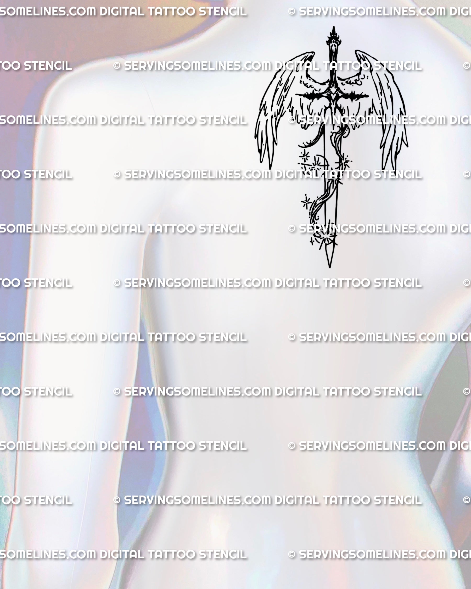 Ornamental angel sword linework centered on the upper back; symmetrical wings and blade, clean geometry for a standout back design.