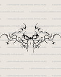 Ornamental coquette bow tattoo stencil in gothic style, drawn with sharp lines and decorative detail. A digital download tattoo flash for alt girls.