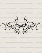 Ornamental coquette bow tattoo stencil in gothic style, drawn with sharp lines and decorative detail. A digital download tattoo flash for alt girl and gothic tattoo fans.