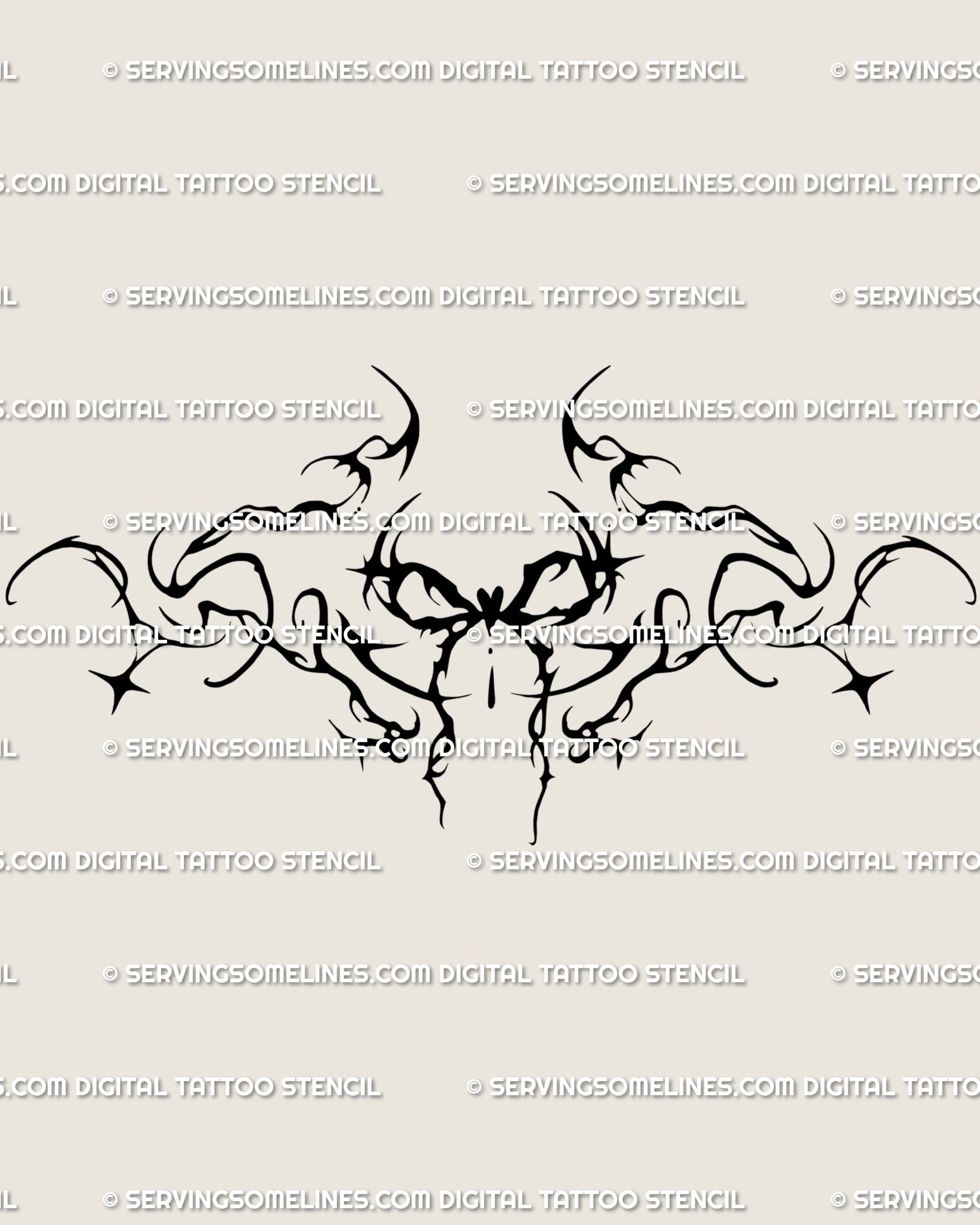 Ornamental coquette bow tattoo stencil in gothic style, drawn with sharp lines and decorative detail. A digital download tattoo flash for alt girl and gothic tattoo fans.