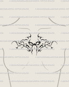 Ornamental coquette tattoo placed at the chest center, gothic bow flowing outward with decorative symmetry. A unique tattoo stencil digital download for bold feminine edge.
