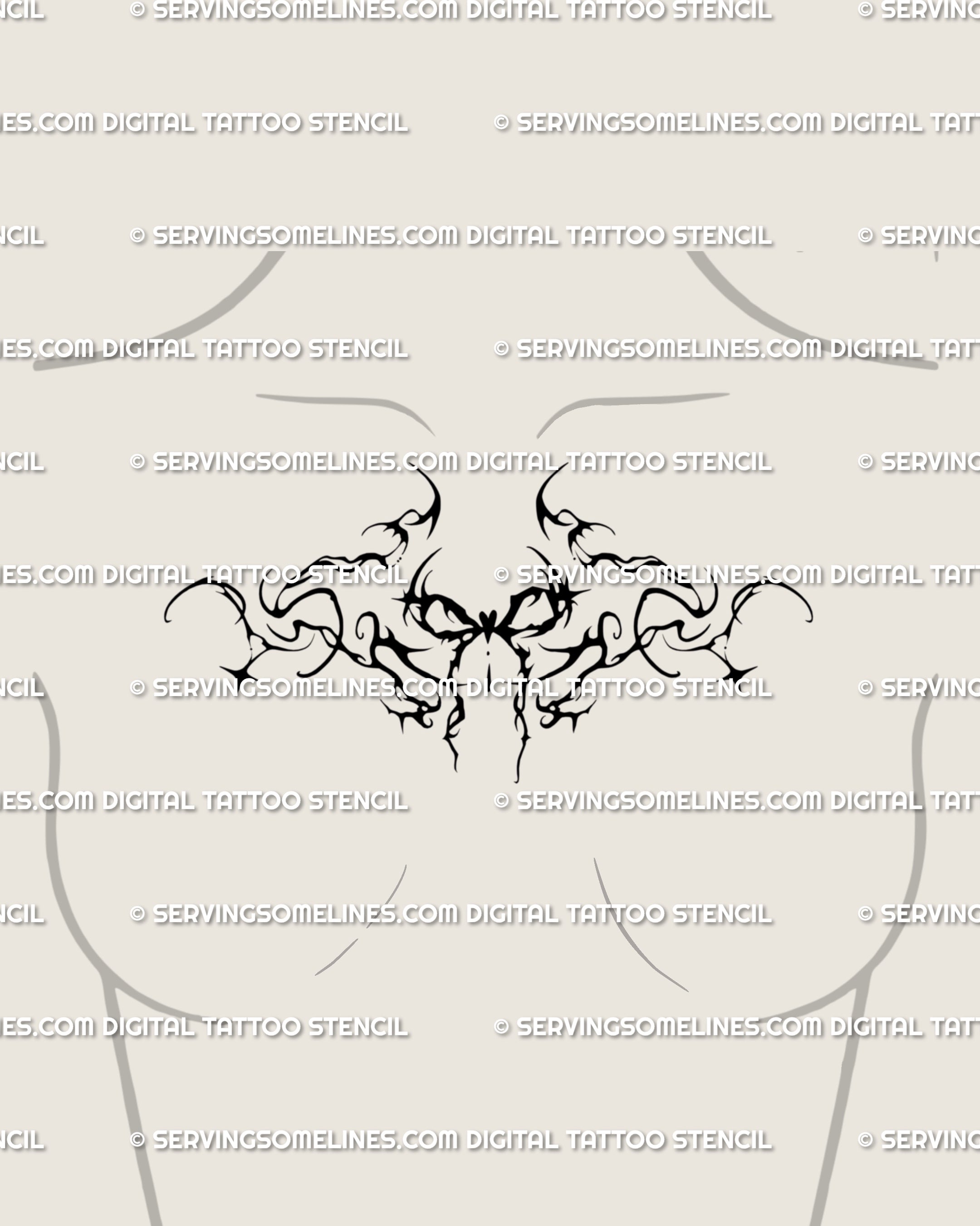 Ornamental coquette tattoo placed at the chest center, gothic bow flowing outward with decorative symmetry. A unique tattoo stencil digital download for bold feminine edge.