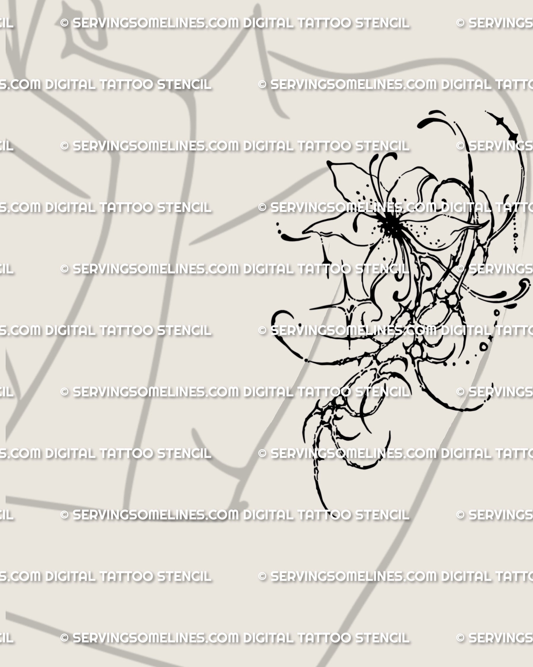 Ornamental cyber flower tattoo placed on female shoulder, a neogothic floral linework design that feels edgy, sharp, and alternative.