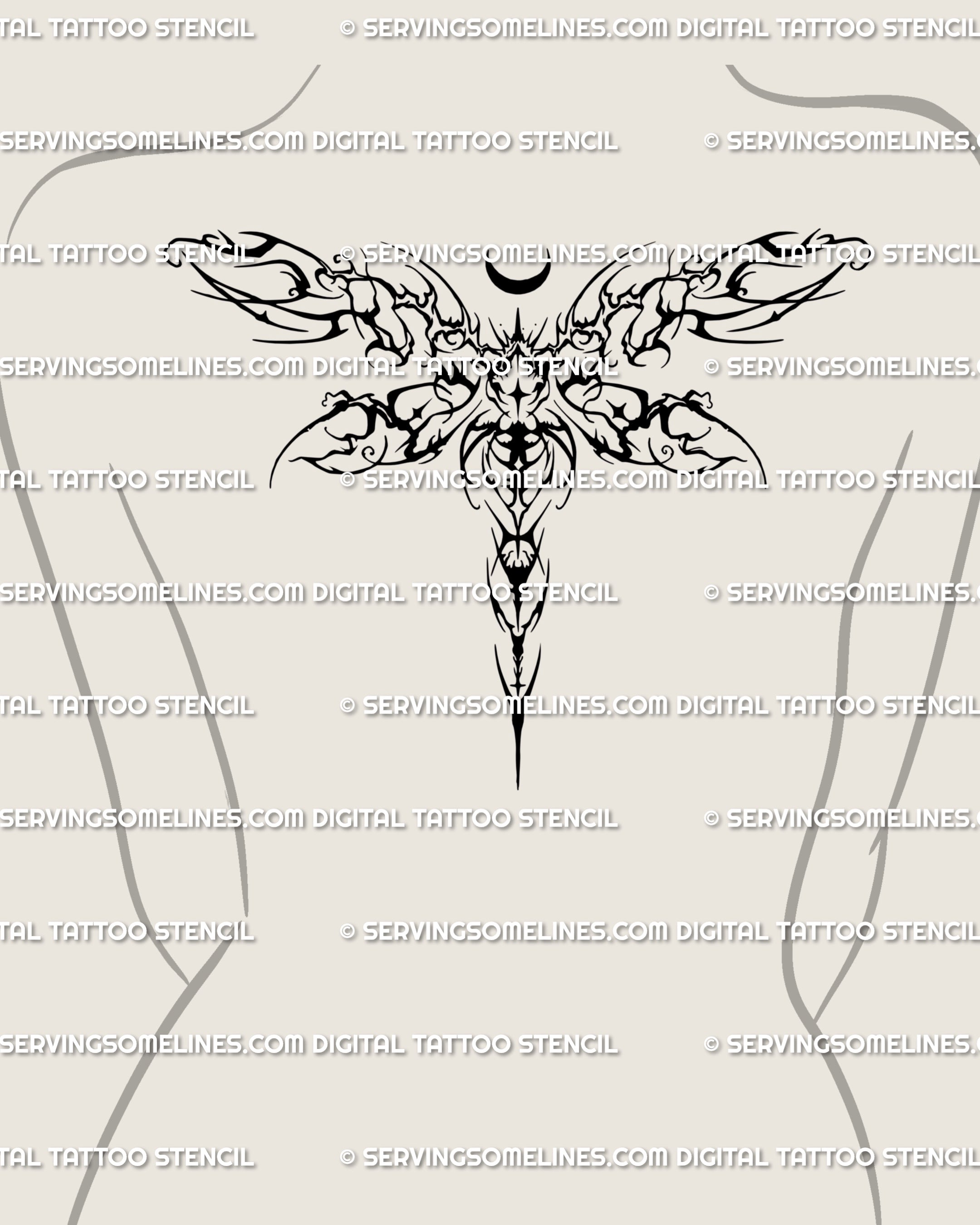 Ornamental dragonfly tattoo flash in cybersigilism linework, styled as a balanced upper back centerpiece with abstract wings and neo tribal flow.