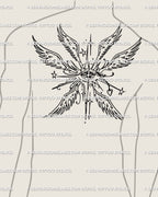Ornamental gothic angel tattoo scaled as a men’s full upper backpiece, seraph wings with eyeball detail forming a dramatic celestial design.