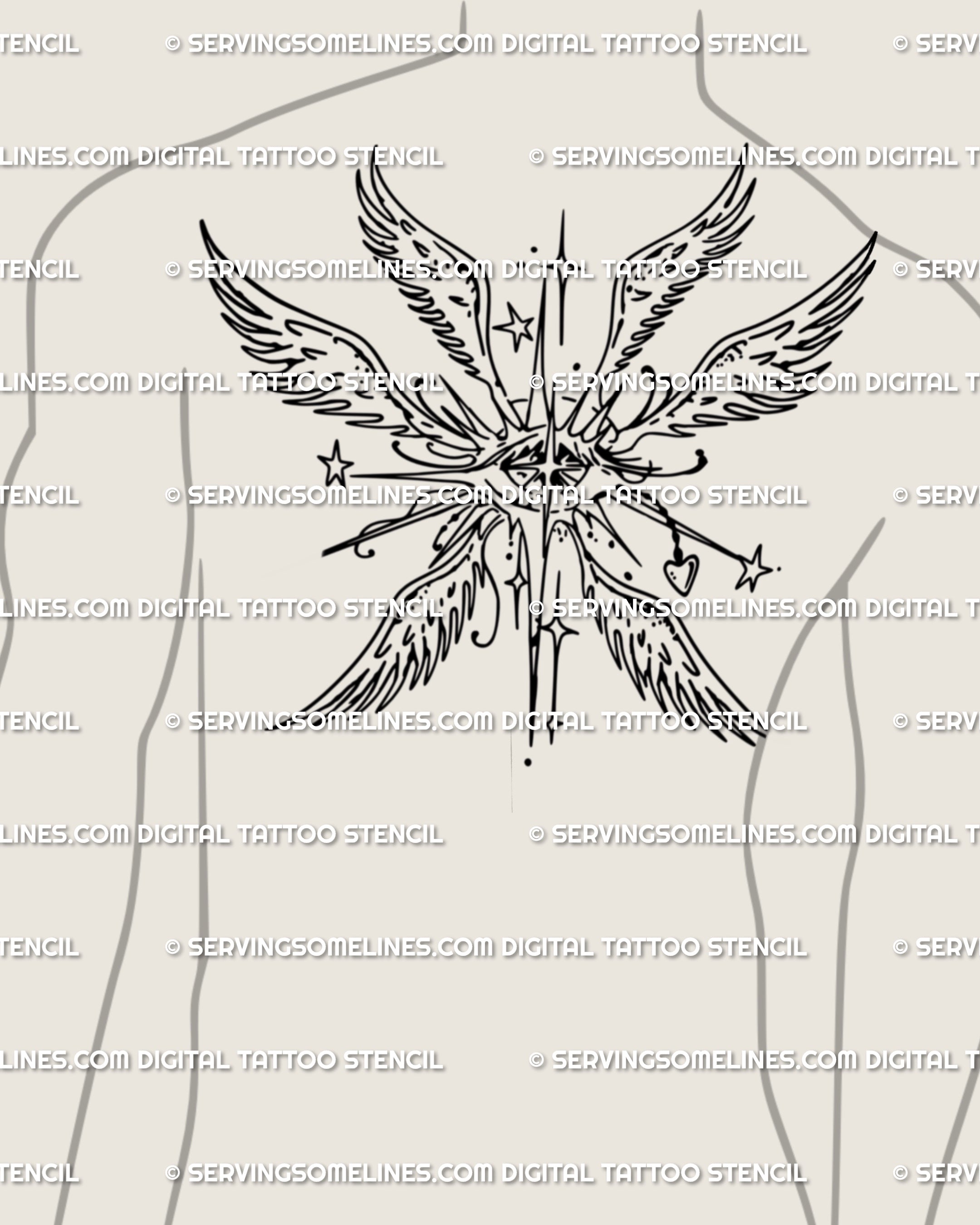 Ornamental gothic angel tattoo scaled as a men’s full upper backpiece, seraph wings with eyeball detail forming a dramatic celestial design.