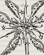 Close view of ornamental gothic angel tattoo stencil, precise seraphim linework forming wings and eyeball angel symbolism in bold strokes.
