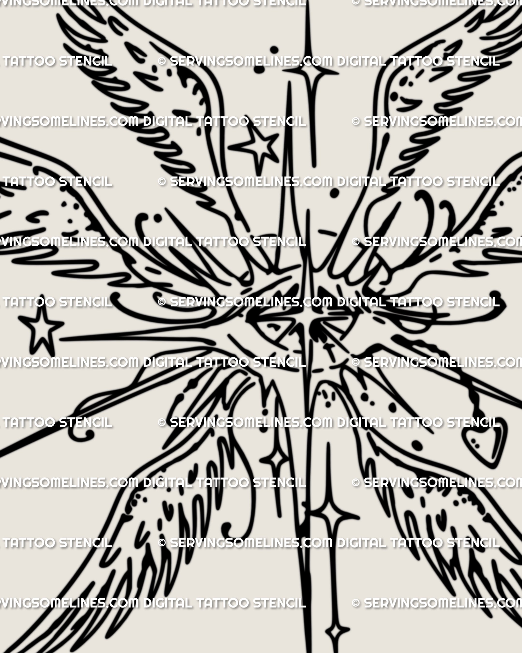 Close view of ornamental gothic angel tattoo stencil, precise seraphim linework forming wings and eyeball angel symbolism in bold strokes.