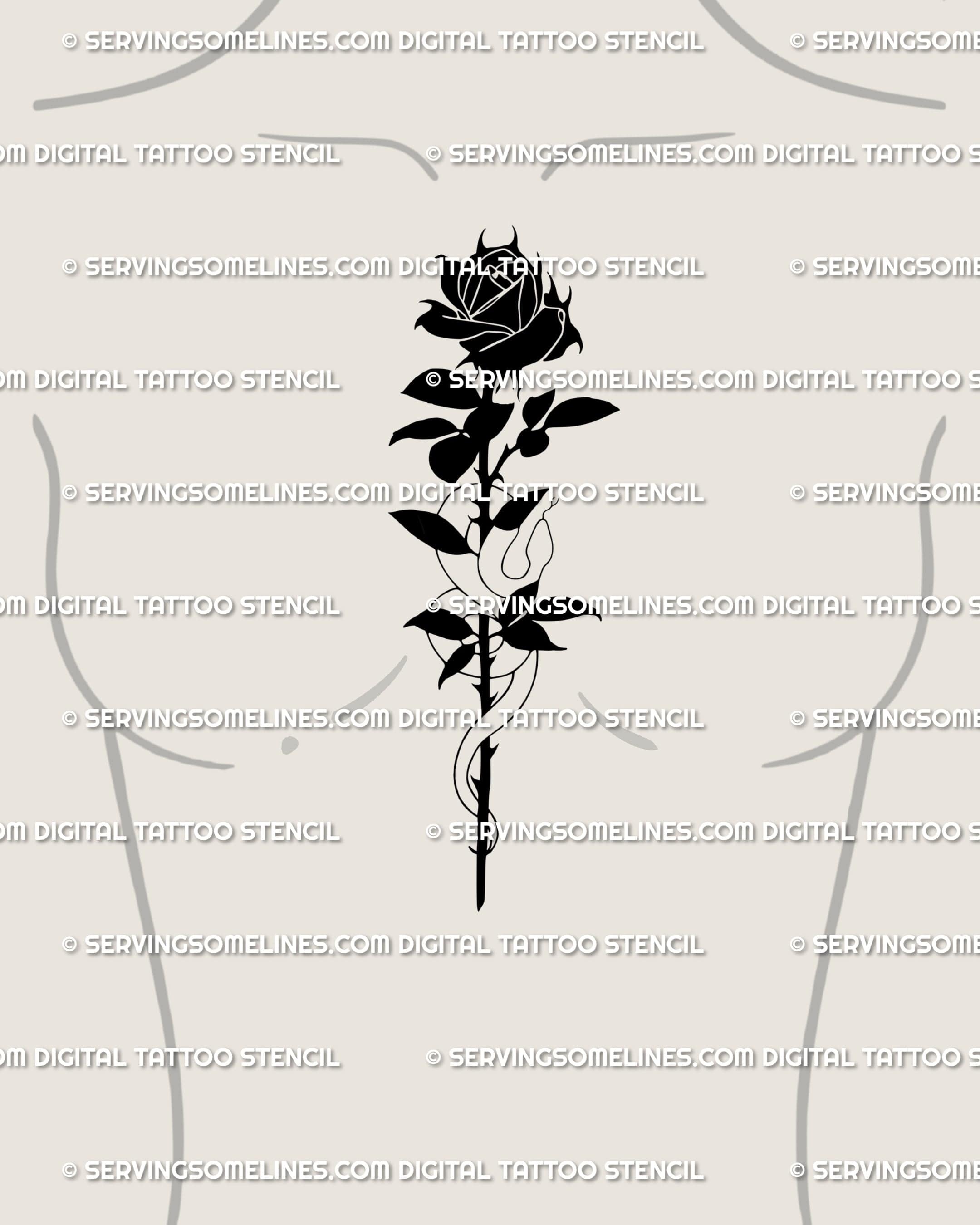 Female sternum ornamental gothic tattoo design of serpent and rose, neotribal floral lines showing beauty with resilience.
