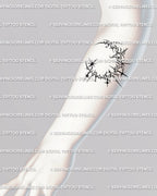 Ornamental moon and stars tattoo on forearm, witchy celestial tattoo art with cyber gothic energy and cosmic balance.
