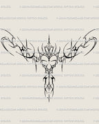 Ornamental neotribal chest tattoo design in cybersigilism style, a symmetrical sacred heart stencil made for feminine gothic digital tattoo art.