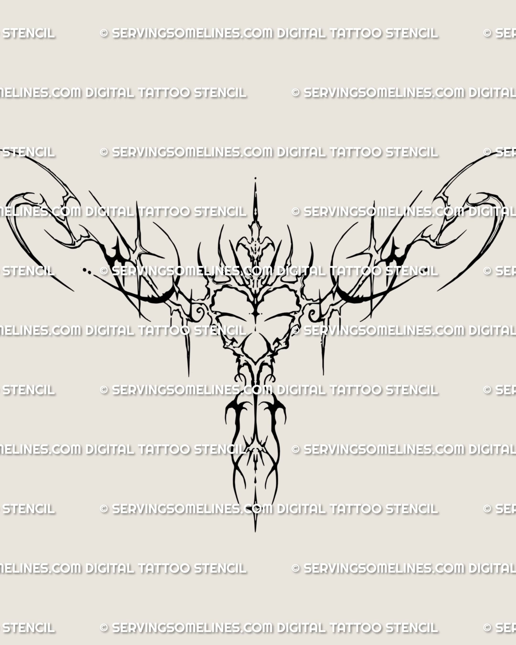 Ornamental neotribal chest tattoo design in cybersigilism style, a symmetrical sacred heart stencil made for feminine gothic digital tattoo art.