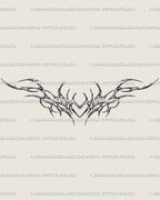 Ornamental neotribal heart tattoo design drawn with fine symmetrical lines, gothic yet minimal, balanced between softness and edge.