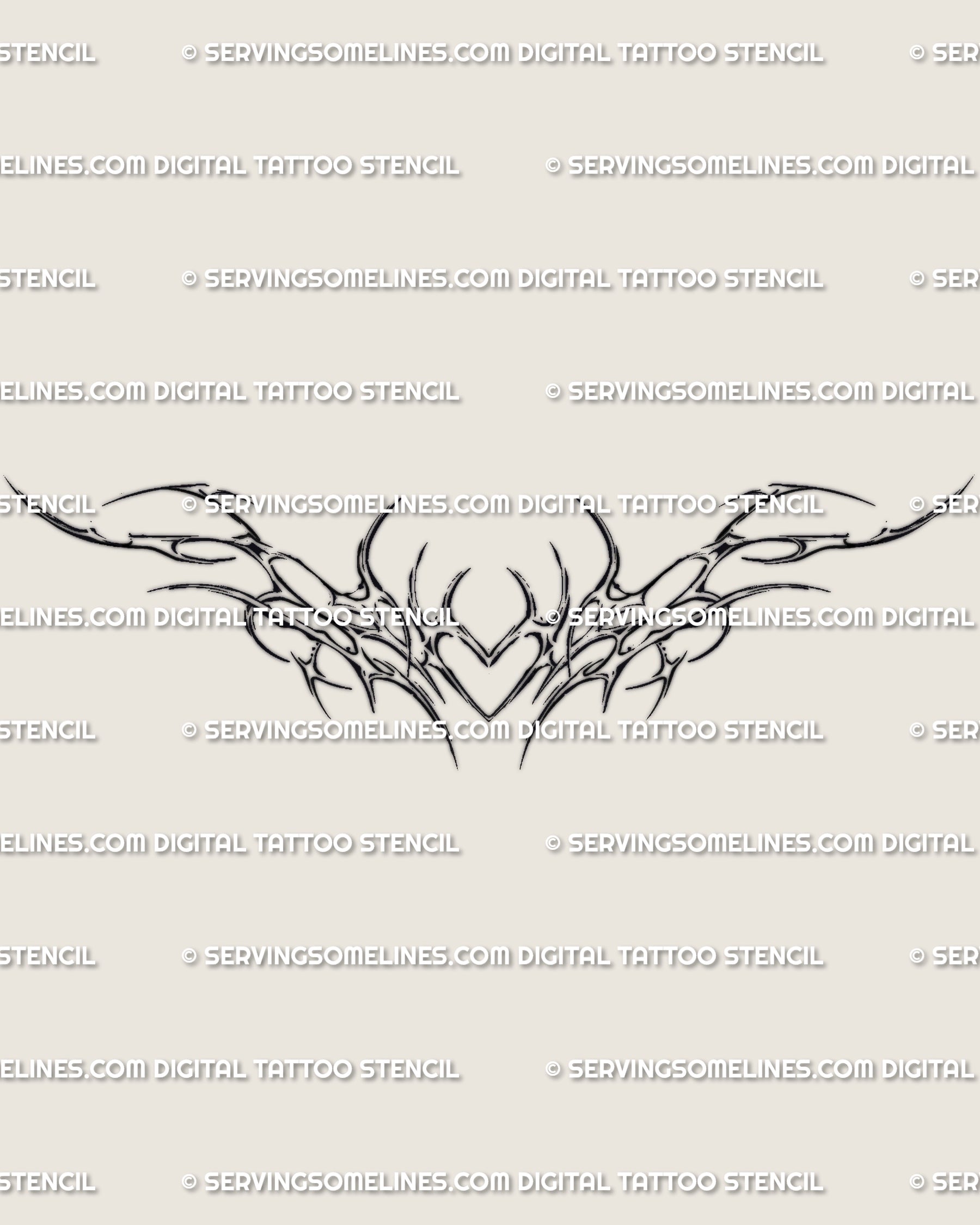 Ornamental neotribal heart tattoo design drawn with fine symmetrical lines, gothic yet minimal, balanced between softness and edge.