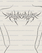 Ornamental neotribal tattoo design displayed on upper back, cyber sigil heart armor style blending gothic tribal and protective geometry.