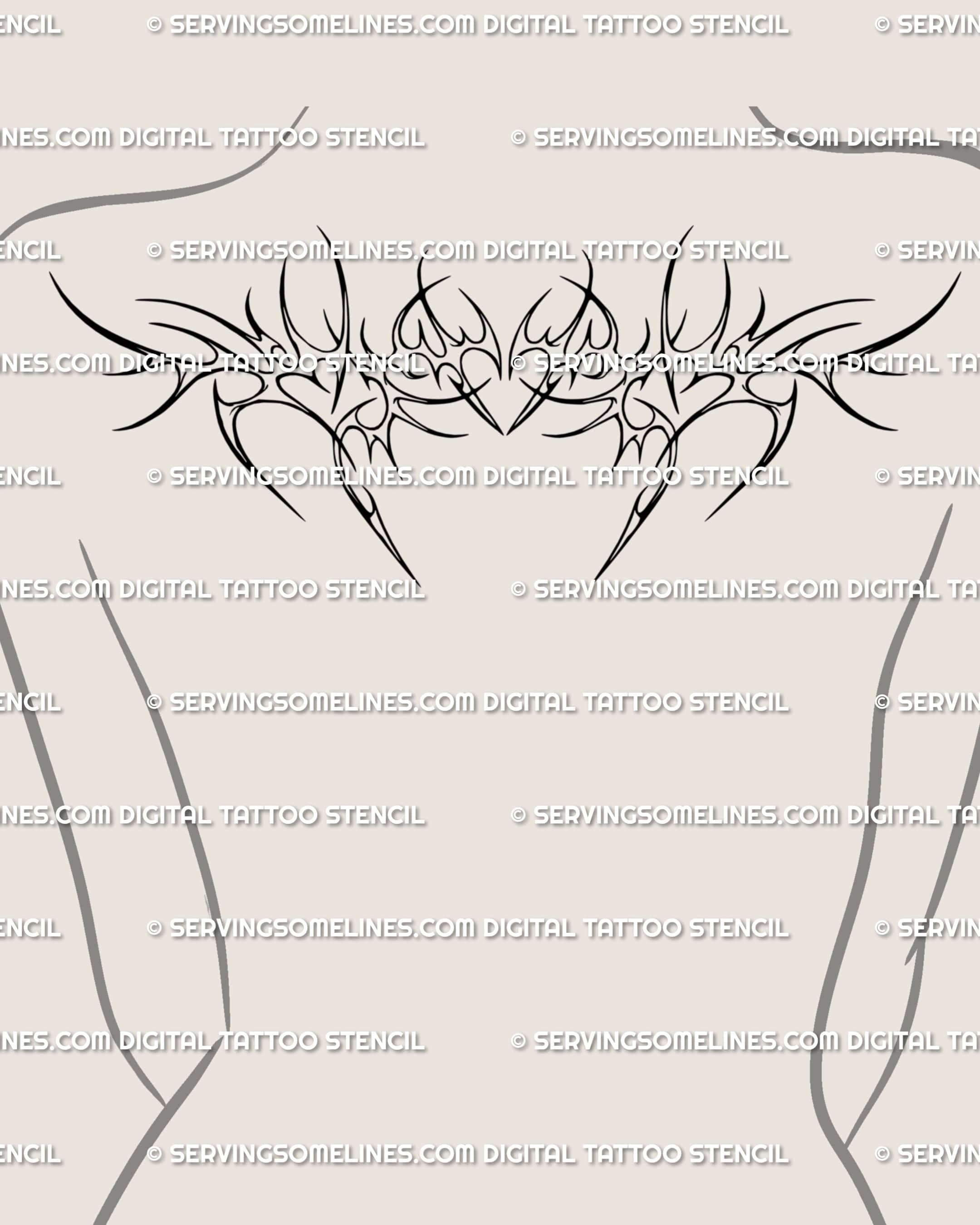 Ornamental neotribal tattoo design displayed on upper back, cyber sigil heart armor style blending gothic tribal and protective geometry.