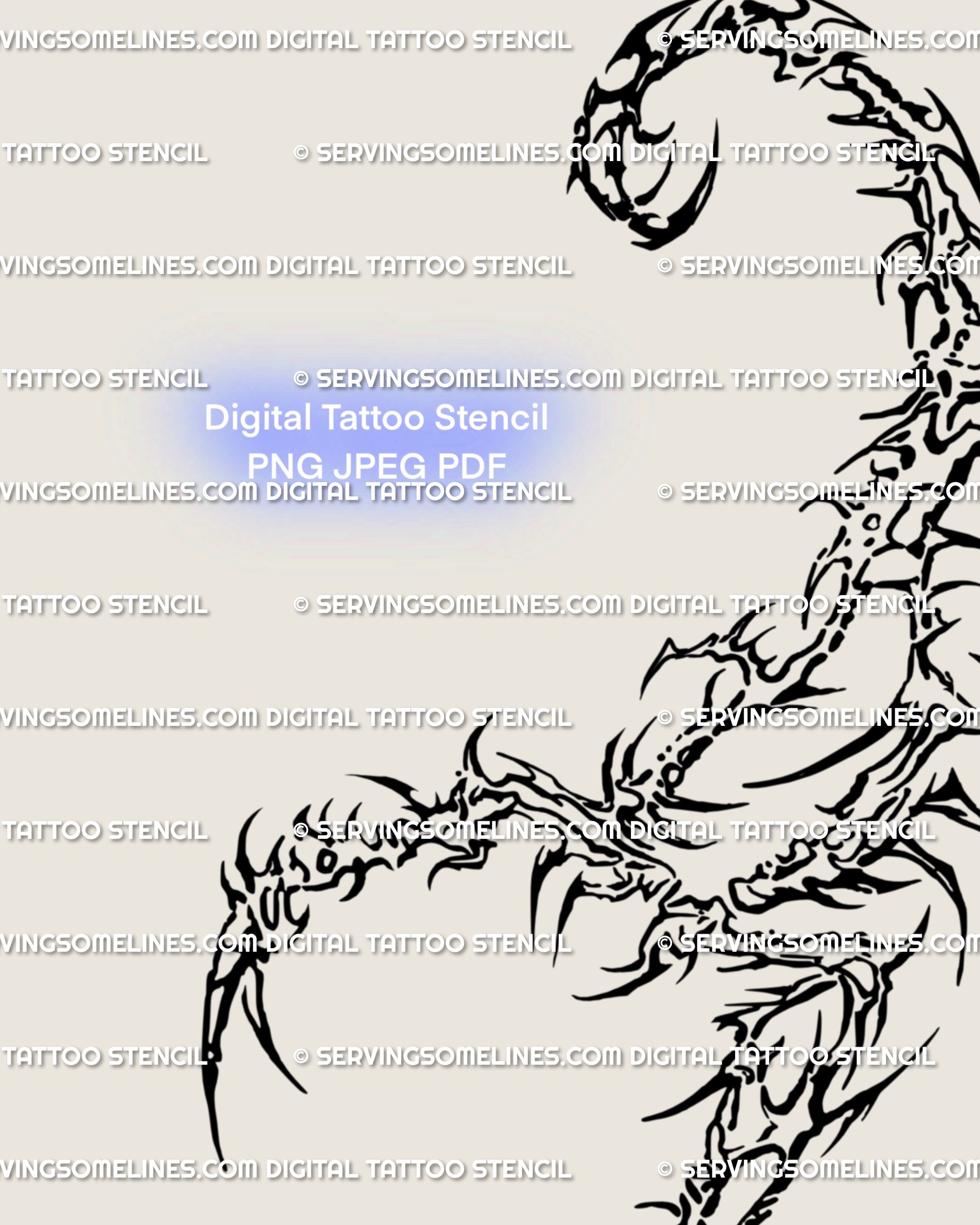 Close-up view of ornamental scorpion tattoo design, showing sharp tribal geometry and segmented detail in a bold cybertribal gothic style.