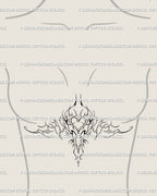 Ornamental sternum tattoo stencil placed under the breast, a neotribal cyber sigil heart design flowing softly down to the stomach.