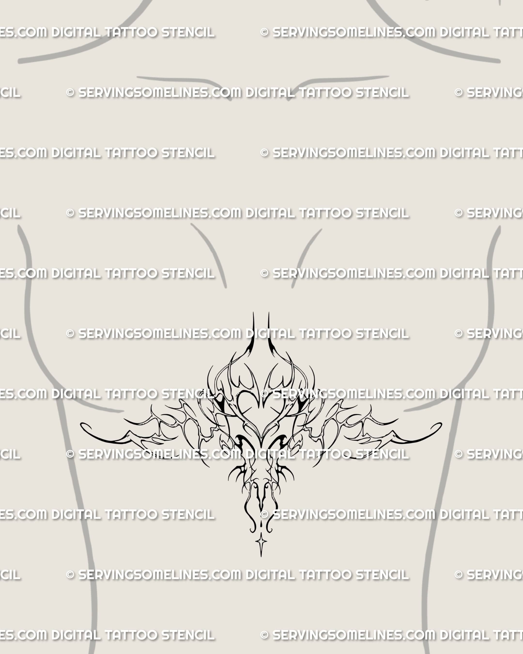Ornamental sternum tattoo stencil placed under the breast, a neotribal cyber sigil heart design flowing softly down to the stomach.