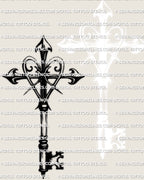 Cross with key tattoo stencil featuring an ornate cross top and heart center loop, clean spine, and symbolic religious key feel.