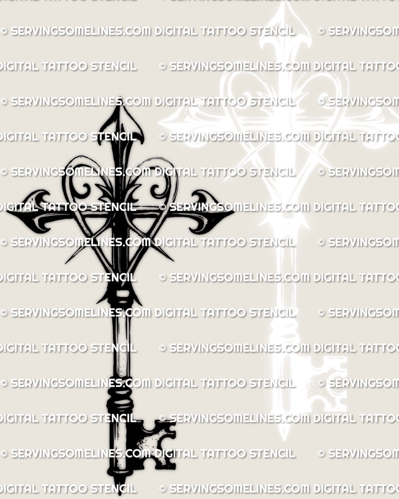 Cross with key tattoo stencil featuring an ornate cross top and heart center loop, clean spine, and symbolic religious key feel.