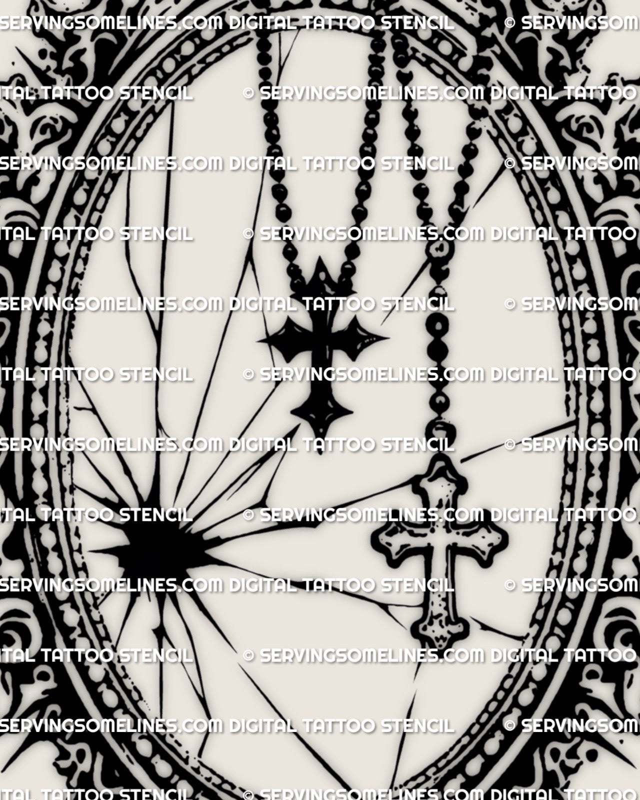 Ornate gothic cross tattoo stencil for men, dark religious design created as a digital tattoo stencil product for chest or back placement