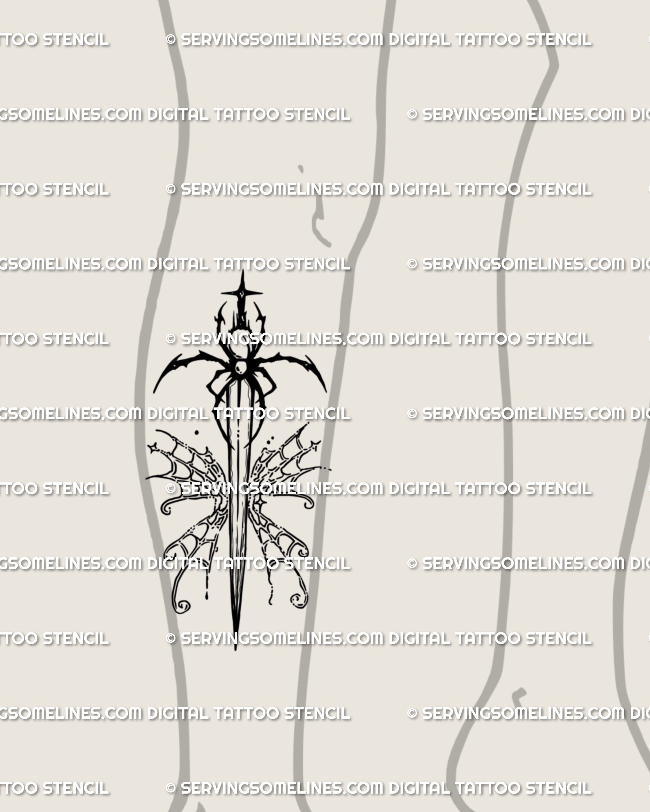 Outer calf spider dagger leg tattoo concept — vertical gothic blade with butterfly-web wings, readable in motion; neogothic cybersigilism design download for artists.