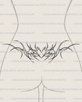 Women’s lower back preview of an outline heart tattoo stencil with open mirrored lines and a clean waist fit