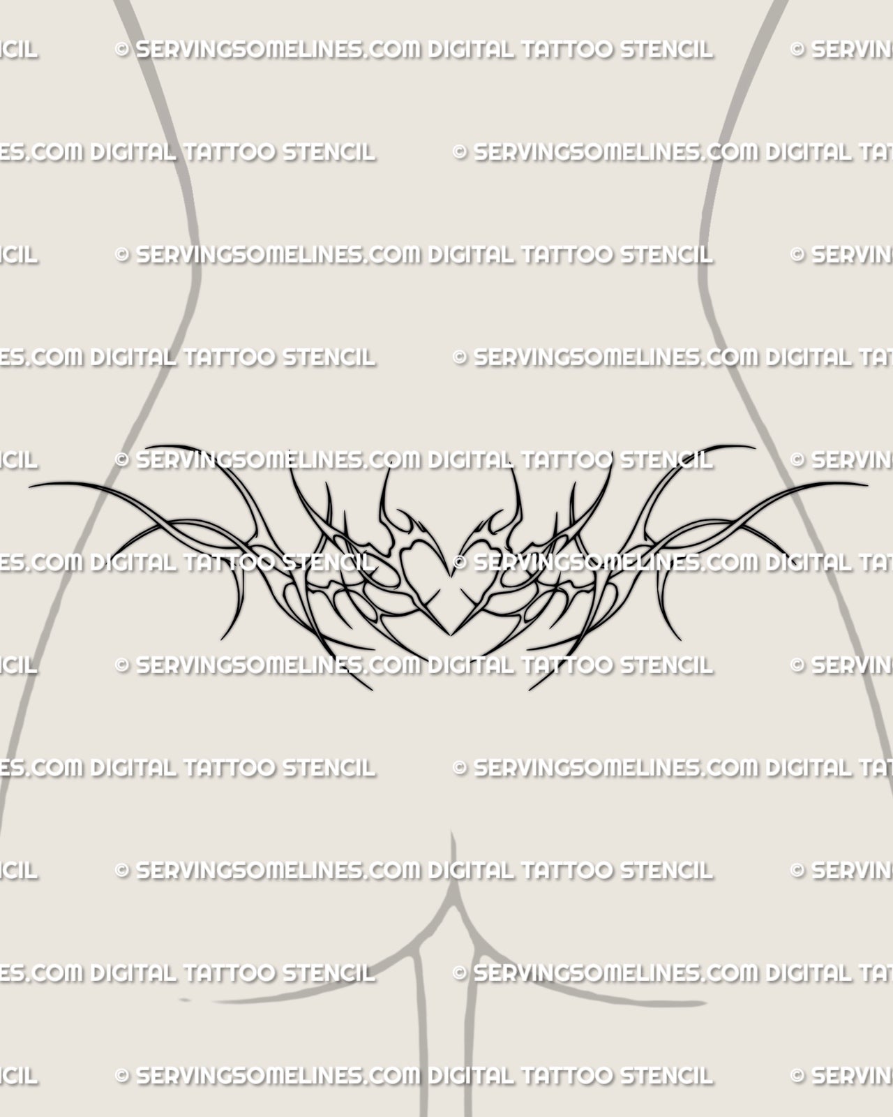 Women’s lower back preview of an outline heart tattoo stencil with open mirrored lines and a clean waist fit