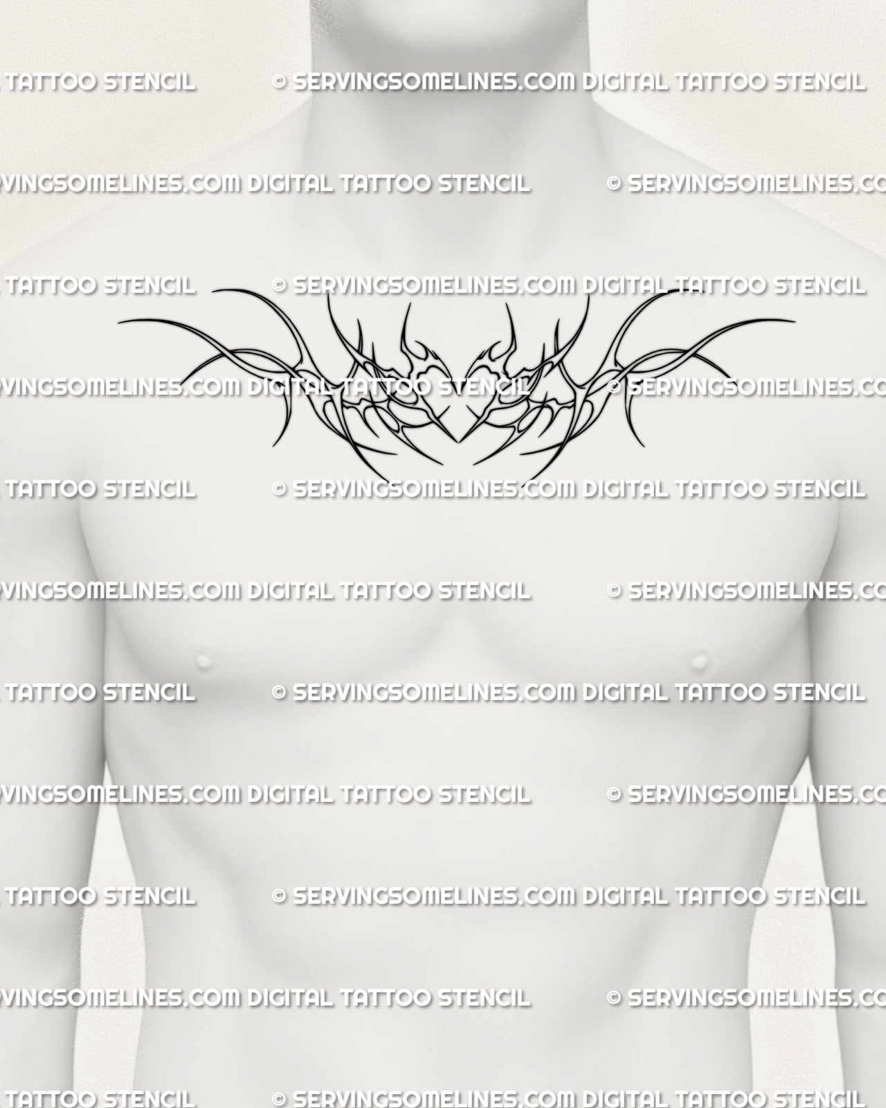 Men’s chest tattoo design with outlined heart and soft wing shapes, minimal ornamental linework digital stencil centered across the chest.
