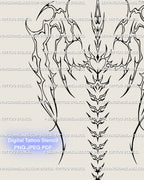 Close linework view of an outlined angel wings spine tattoo stencil with sharp neotribal back design details