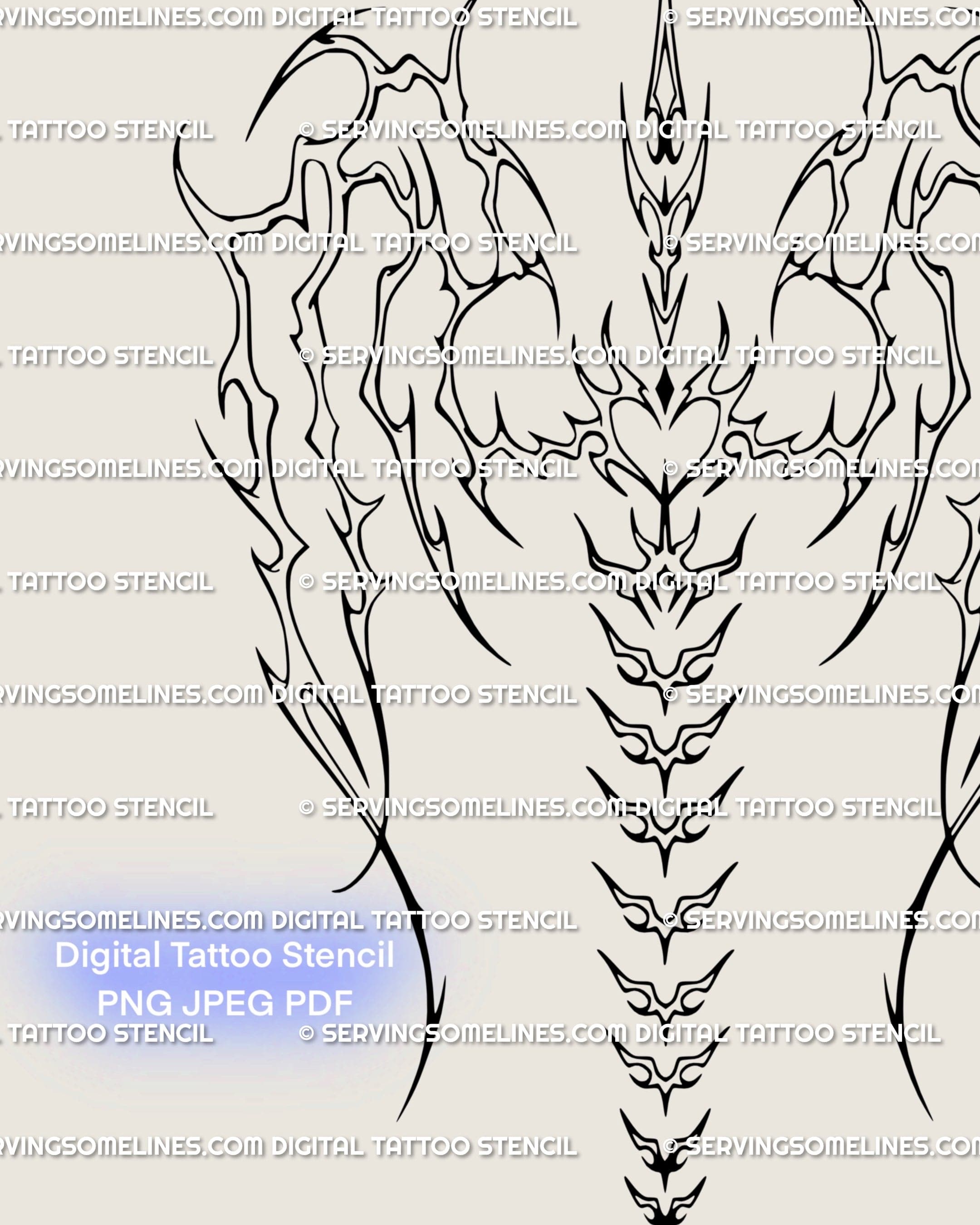 Close linework view of an outlined angel wings spine tattoo stencil with sharp neotribal back design details