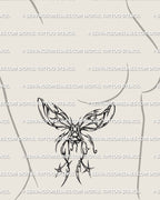 Outlined wings tattoo shown on women’s ribs placement with a symmetrical cyber tribal wing shape and ribbon center
